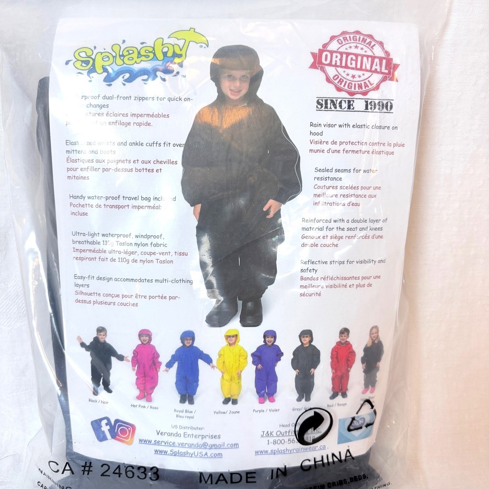 Splashy Kids Waterproof One Piece Rain Suit Mudstopper Black Size 5 Yrs NIP